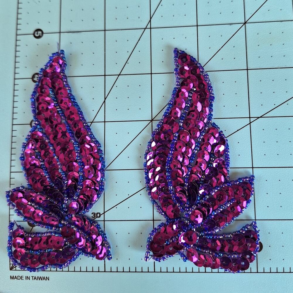 Purple sequin and bead leaf applique mirror pair